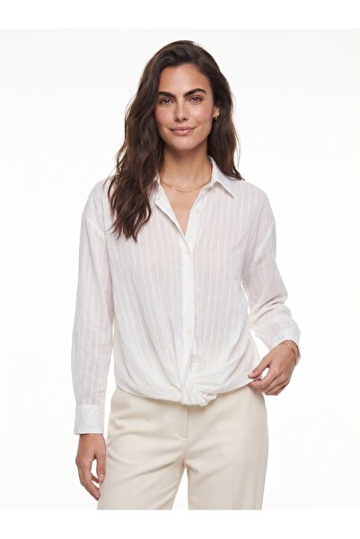 ONLOOX White Cotton Jacquard Striped Textured V-Neck Loose Fit Gathered Detai...
