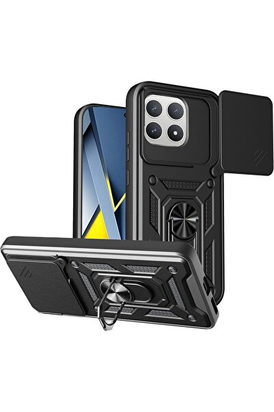 Rivor Poco F8 Pro Uyumlu Kılıf Kamera Sürgülü Standlı Yüzüklü Darbe Emici Kor...