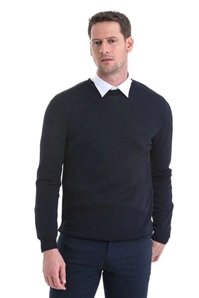 Generic Brand Men's Crew Neck Sweater Long Sleeve Woven Knitwear - Navy Blue