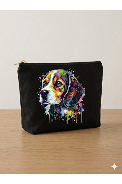 Köpek Baskılı Krem Ham Bez Makyaj ve El Çantası (18x25 cm)