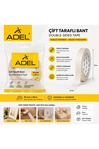 Raff Çift Taraflı Bant 15 mm x 25 m Güçlü Yapışkanlı Ofis Okul Hobi Ve Dekora...