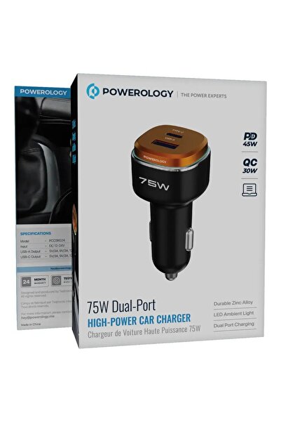 Powerology 75W Dual-Port High-Power Car Charger with Lightning Cable Black/ O...
