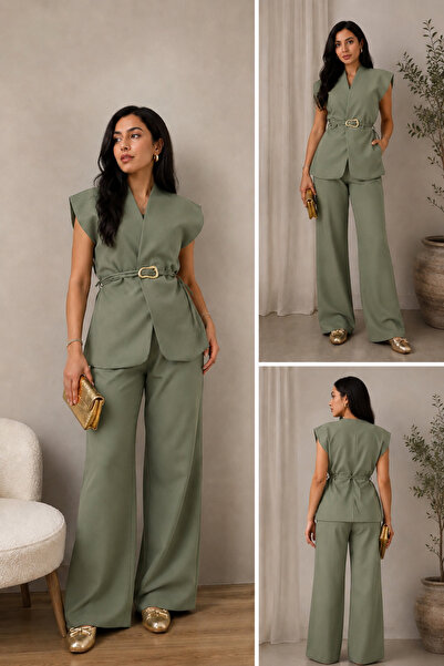 BNGL Boutique Adaçayı yeşili yelek& pallazo pantolon& gold kuşak takım