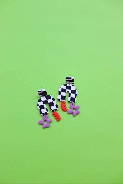 Nina Luz Checkerboard Dangle Earrings | Abstract Polymer Clay, Red Lavender A...