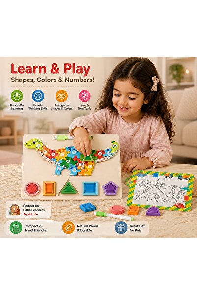 Twisoo Montessori Wooden Dinosaur Puzzle Board for Kids-Shapes, Numbers & Dra...