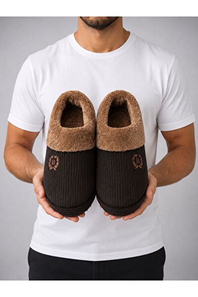 redtan Men's Brown Luxury House Slippers Corduroy Inside Plush Non-Slip Sole ...