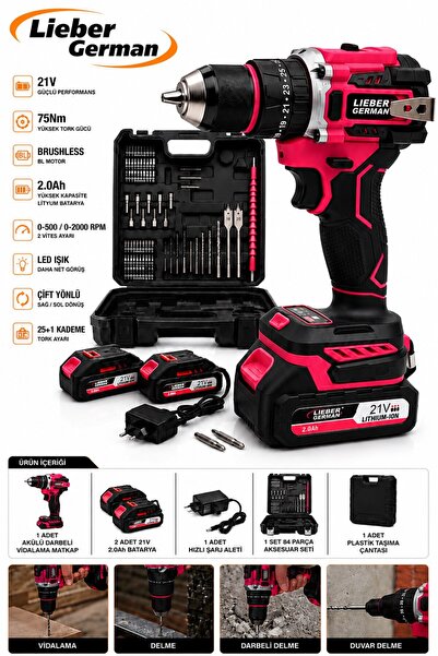 Lieber German 21 Volt Kömürsüz Motor 84 Parça 2x Akülü Darbeli Vidalama Matkap