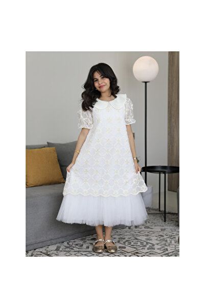 HAWRAA ABAYA Girls' Dress White Embroidered Gold Patterned Royal Collar Fluff...