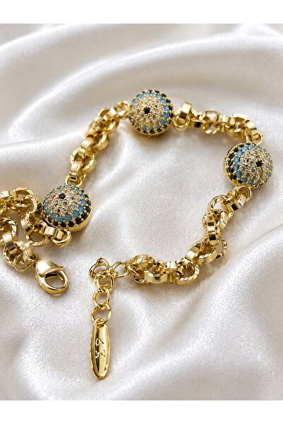 TuQos Gold Color Women's Bracelet with Evil Eye Bead Detail and Zircon Stone,...