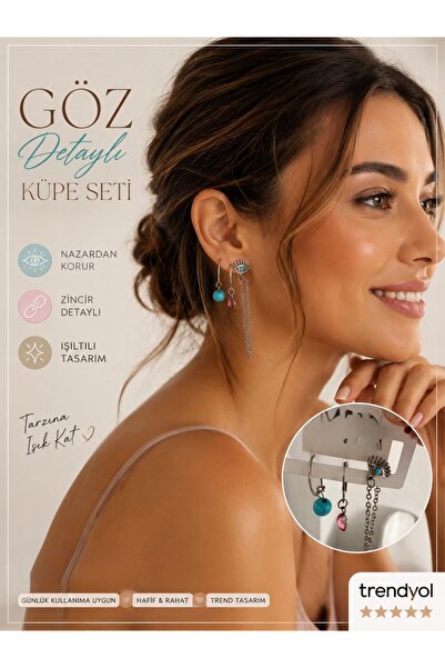 ELUNE İSTANBUL Milano Evil Eye Detailed Asymmetrical Earring Set – Handmade S...