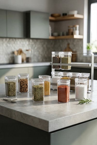 iselahome Viona Acrylic Spice Container Set of 12, 350 ml Vacuum Lid Storage Container and Spice Jar