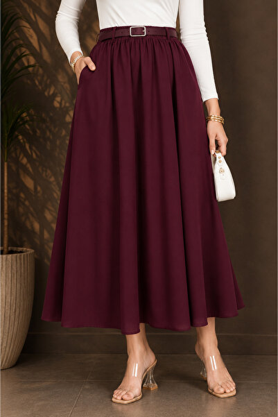 ASTEMİA Women's Belted Pocketed Maxi Length Summer Skirt Sb0042