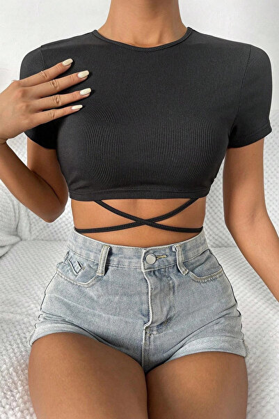ALFA AKSESUAR 03 Women's Black Half Sleeve Cross Tied Crop Top Blouse