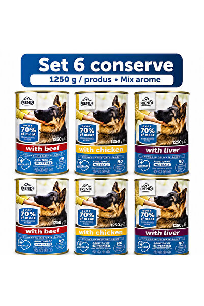 FRENDİ Dog, hrana umeda pentru caini, Set 6 conserve, Mix Vita, Pui, Ficat, 6...