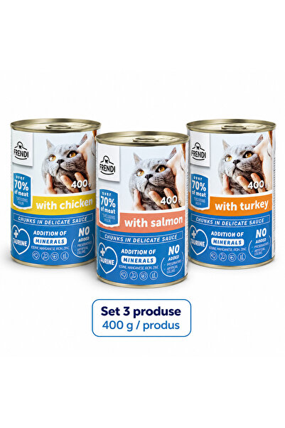 FRENDİ Cat, hrana umeda pentru pisici, Set 3 conserve, Mix Pui, Somon, Curcan...
