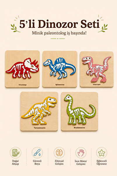 Store Ahşap Dinozor Puzzle 5 Adet Oyuncak Seti Montessori Eğitici Bul Tak Yap...