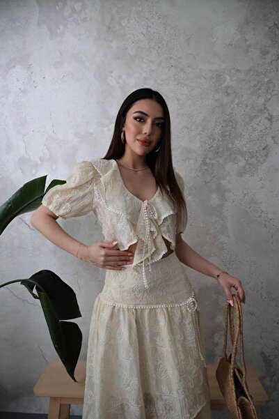 cemo Kadın önden baglamalı midi krop takım
