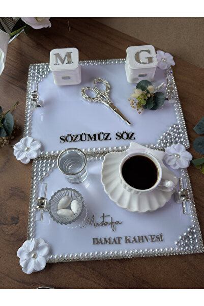 CatplexBoutique Söz Tepsisi - Kişiye Özel 2'li Nişan Tepsisi Damat Kahvesi Te...