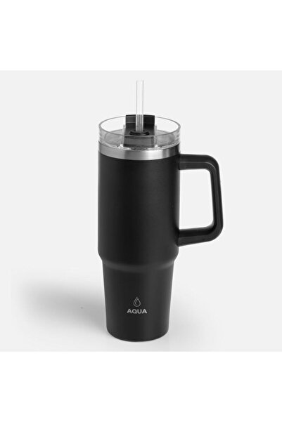 OEM Pahar termos din oțel inoxidabil negru cu mâner și pai, 900 ml, reutiliza...