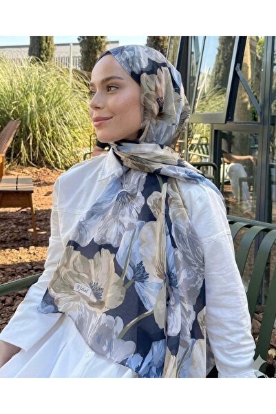 YILDIZ SCARFS Müjgan Desen Indian Cotton Shawl - Navy Blue-Cream