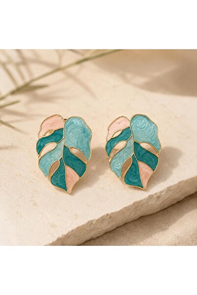 So Much Accesories Colorful Leaf Women's Earrings Gold Detailed Pastel Blue P...