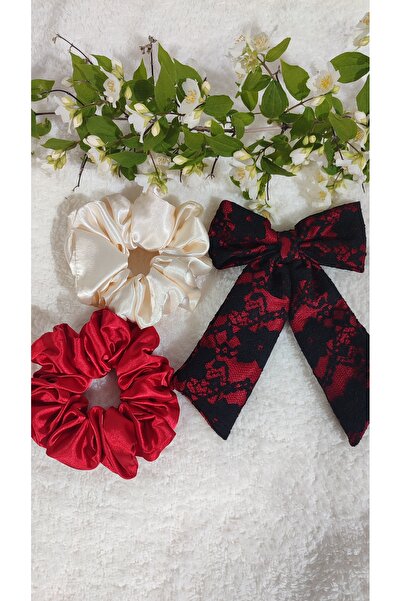 Çiğdem Tuhafiye Red Satin Black Tulle Bow Buckle Satin Bagel Buckle