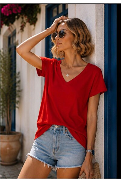 ibeeka Premium Basic Γυναικείο T-Shirt με V-λαιμόκοψη και φαρδιά γραμμή - Κόκ...
