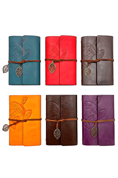 Wolawood Sınırlı Seri Altı (6) Adet Deri Defter Yaprak Desenli, Eskitme Sayfa...