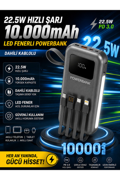 DEANB 10000mAh 22.5W Hızlı Şarjlı Powerbank USB Micro Type-C Girişli LED Işık...