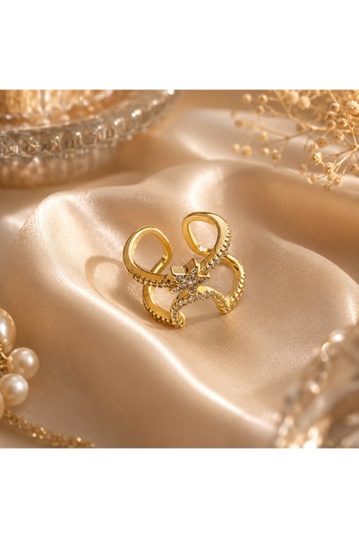 JEWELERY ✨   خاتم نسائي ذهبي قابل للتعديل بتفاصيل نجمة متألقة، مناسب للاستخدام اليومي