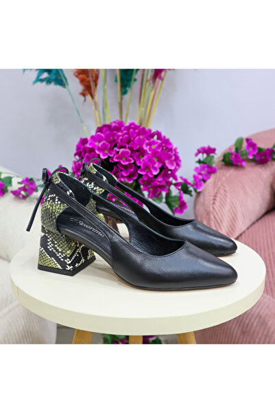 favorimo Black Leather Snake Skin Detailed Classic Heeled Shoes with Ribbon o...