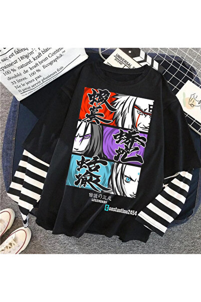 dompulerimoda تي شيرت أسود كبير الحجم مطبوع عليه Demon Slayer بأكمام وهمية لل...