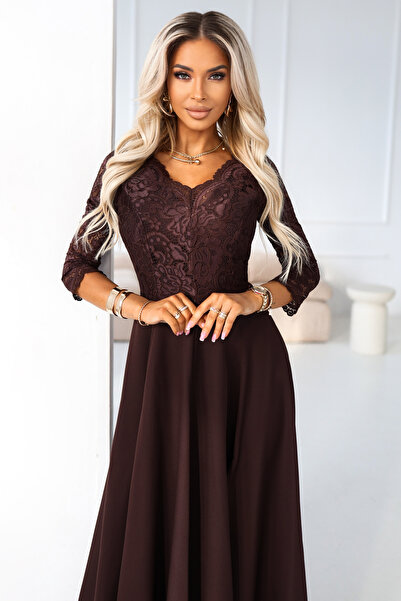 OEM AMBER Rochie lungă elegantă din dantelă cu decolteu - ciocolatiu de Sarba...