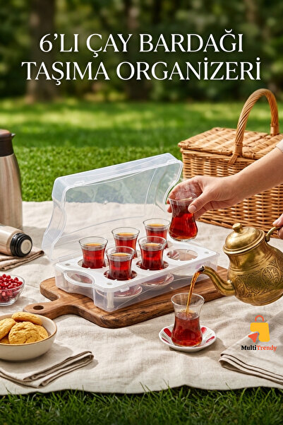 TİMEX PLASTİK 6'lı Çay Bardağı Taşıma Organizeri Kapaklı Piknik Bardak Taşıyı...