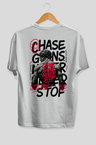Ankhises Tricou alb supradimensionat cu imprimeu pe spate Chase Gains Never S...