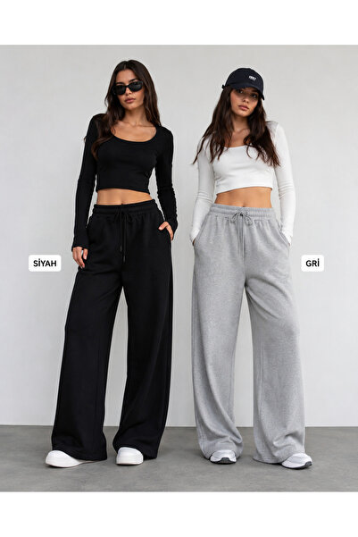 BERYY MODA Double Black and Gray Wide-Leg Sweatpants Set - Effortless Style a...