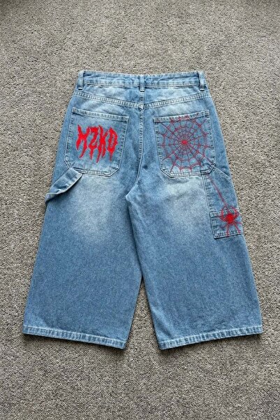 Köstebek Red Mzkd Spider Y2K Baggy Unisex Shorts with Blue Grinding Detail
