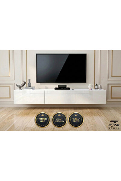 SEMİH MOBİLYA 200 cm Parlak Beyaz Duvara Monte MDF TV Ünitesi, Şık Salon Tasa...