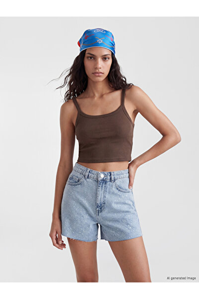 LC Waikiki Brown U-Neck Women's Ribbed Crop Top