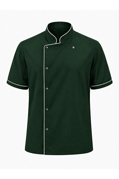 LOOKMT MODA Unisex White Piping Green Color Chef Jacket Chef Coat