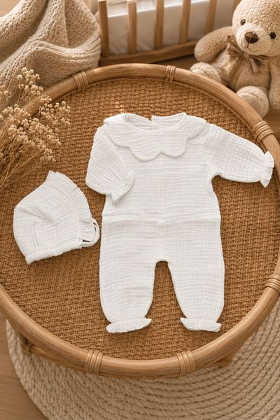 FH Living 4 Katlı Müslin Yeni Doğan Set Hastane Çıkışı(Tulum-Şapka)