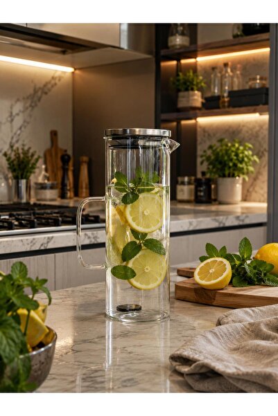 GM Cam Sürahi 1200 ml – Borosilikat Cam, Vakumlu Paslanmaz Çelik Kapaklı, Kul...