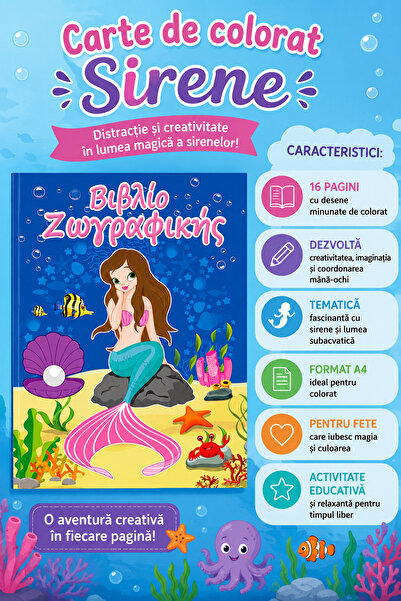 OEM Carte de Colorat Sirene pentru Fete A4 – 16 File cu Desene de Colorat, Ac...