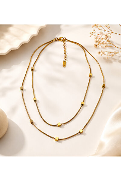 Archhazel Jewelery Layered Steel Necklace with Cube Detail