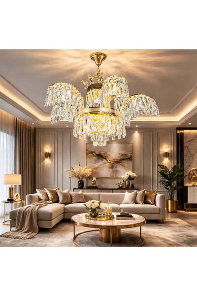 La Cucu Candelabru Cristal PALACE, 6 brate, 12xG9, D69cm, Auriu Lucios, Inalt...