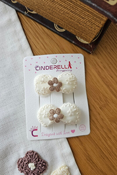 Cinderella Lace Ecru Floral Handmade Tulle Bow Lined Hair Clip Set 5cm - Spec...