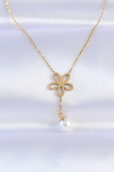 OGHAMAY 316L Steel Chain Gold Color Pearl Detail Flower Necklace