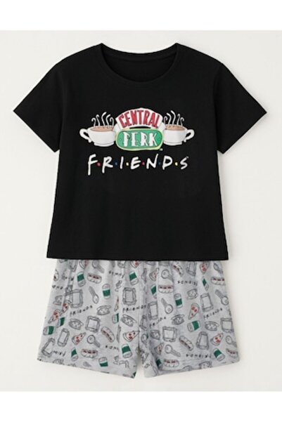 OEM Set de pijamale din bumbac pentru femei, negru cu imprimeu "F.R.I.E.N.D.S...