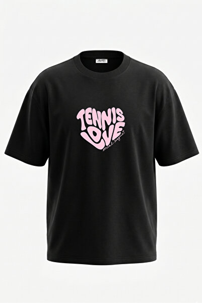 Anetos Tennis Love Design Back Printed Cotton Black Oversize T-Shirt