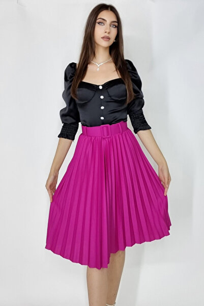 FashionForYou Fustă elegantă plisată Carmen, curea asortată inclusă, Fucsia, ...